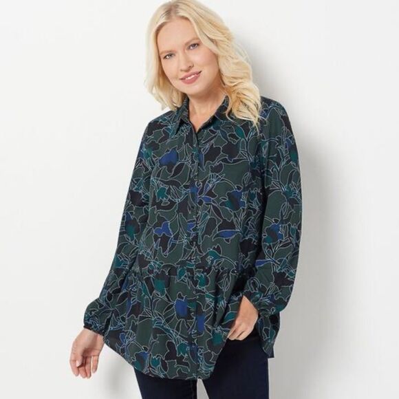 LOGO S Green Blue Black Floral Button Front Tiered Hem Long Sleeve Tunic Top - Picture 1 of 13